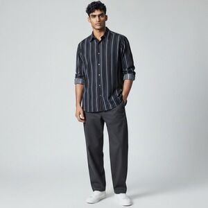 Bugatchi Uomo Men L Striped Long Sleeve Button Down Cotton Shirt Black Blue Pink